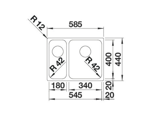 Technische Zeichnung einer Spüle mit zwei Becken und Maßangaben