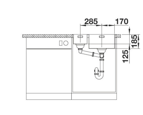 Skizze einer Spüle mit Maßangaben für die Installation