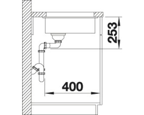 Technische Zeichnung eines Spülbeckens mit Abflussrohr und Maßangaben