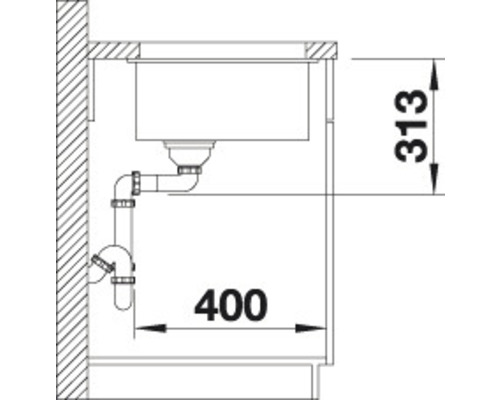 Zeichnung einer Spüle mit Abmessungen 313 und 400 mm