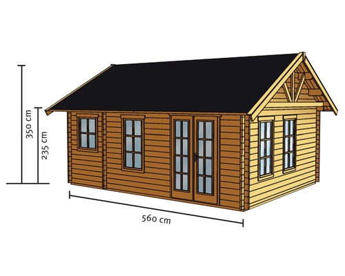 Illustration d''un abri de jardin en bois avec fenêtres et double porte, dimensions 560 x 350 x 235 cm