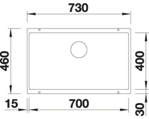 Dessin technique d''un évier avec des dimensions de 730 x 460 millimètres