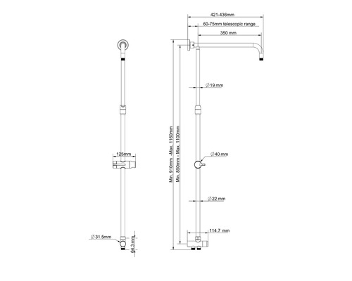 Technische Zeichnung einer Duschstange mit Maßangaben