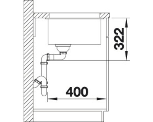 Schéma technique d''un évier avec tuyaux d''évacuation et dimensions