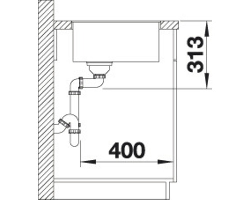 Skizze einer Spüle mit Siphon und Massangaben