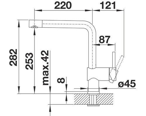 Dessin technique d''un robinet de cuisine avec dimensions.