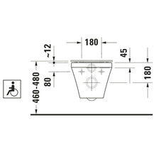 Technische Zeichnung einer Toilette mit Maßangaben und Behindertensymbol