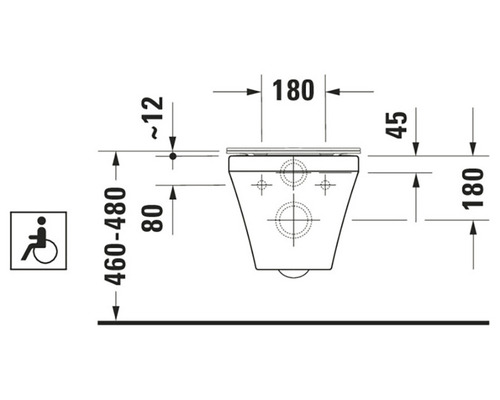Technische Zeichnung einer Toilette mit Maßangaben und Behindertensymbol