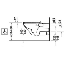 Technische Zeichnung eines wandhängenden WCs mit Maßangaben und Symbol für Barrierefreiheit.