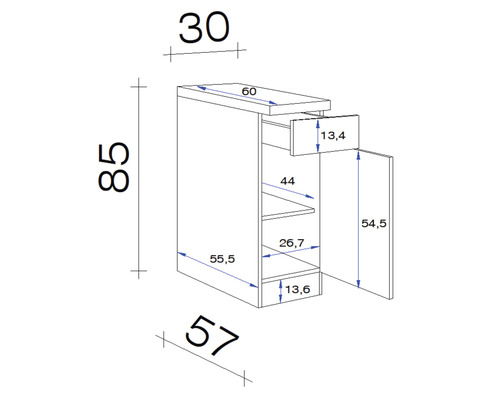 Schéma technique d''un meuble de salle de bains avec tiroir et porte, avec indications de dimensions