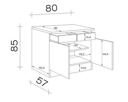 Dessin technique d''un meuble bas avec tiroirs et portes ouvertes, comprenant des indications de dimensions.