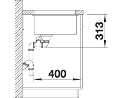 Zeichnung einer Spüle mit Abmessungen 313 und 400.