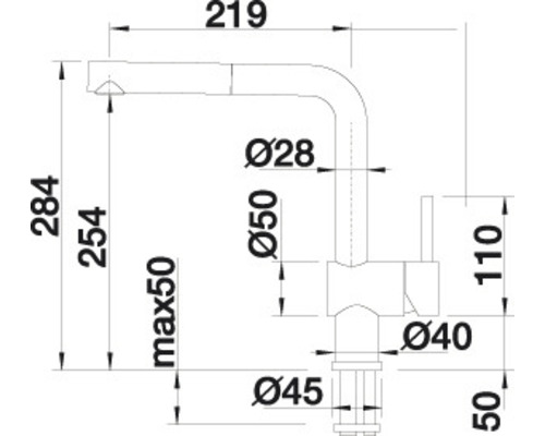 Dessin technique d''un robinet de cuisine avec indications de dimensions.