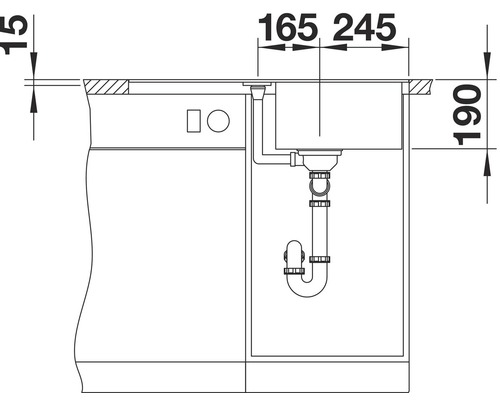 Évier encastré avec indications de dimensions pour l''installation