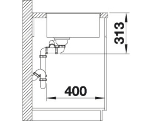 Dessin technique d''un évier avec des dimensions de 400 sur 313 millimètres