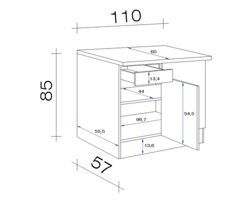 Technische Zeichnung eines Unterschranks mit Schublade und Tür inklusive Massangaben