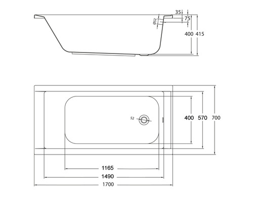 Schéma technique d''une baignoire avec indication des dimensions.