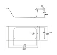 Schéma technique d''une baignoire avec dimensions