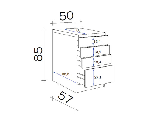 Technische Zeichnung eines Unterschranks mit vier Schubladen und Maßangaben