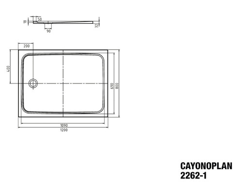 Technische Zeichnung einer Duschwanne mit Maßangaben