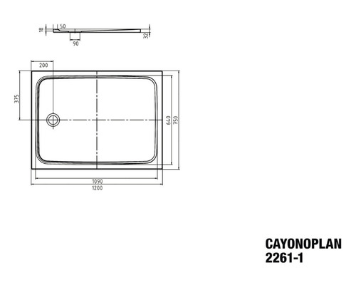 Technische Zeichnung der Cayonoplan Duschwanne mit Massangaben