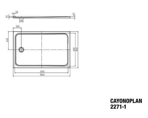 Technische Zeichnung einer Duschwanne mit Massangaben