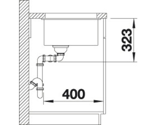 Technische Zeichnung eines Spülbeckens mit Abflussrohren und Maßangaben