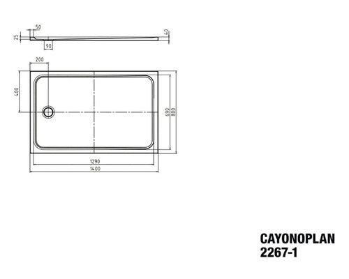 Dessin technique d''un receveur de douche Cayonoplan avec dimensions