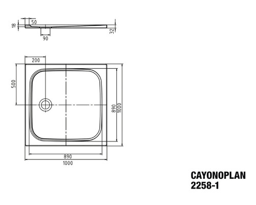 Technische Zeichnung einer CAYONOPLAN Duschwanne mit Maßangaben.