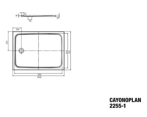 Technische Zeichnung der Duschwanne Cayonoplan 2255-1 mit Maßangaben