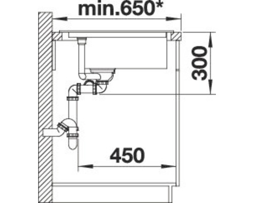 Technische Zeichnung einer Spüle mit Abmessungen