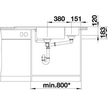 Installationszeichnung einer Spüle mit Angaben zu den Abmessungen für den Einbau