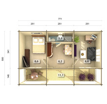 Plan d''une maison en bois avec chambre, salle de bain, salon, salle à manger et terrasse avec dimensions