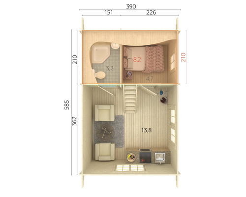 Grundriss eines zweistöckigen Blockhauses mit Wohn-, Schlaf- und Badezimmer