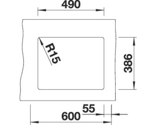 Schéma technique avec dimensions d''un produit rectangulaire, 600 x 386 millimètres
