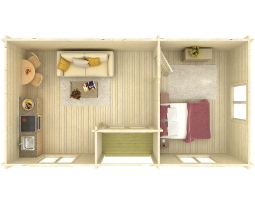 Plan d''une maison en bois avec salon, cuisine et chambre