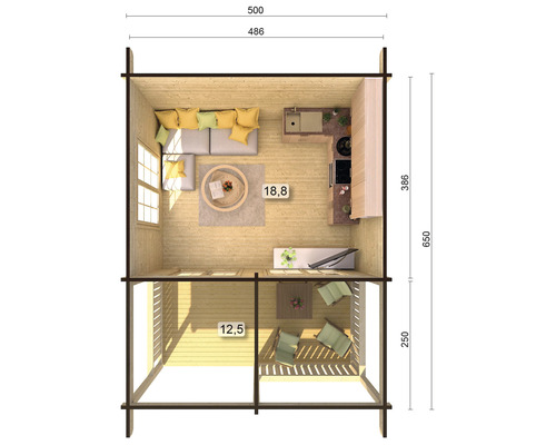 Plan d''une maison en bois avec salon, cuisine et terrasse avec dimensions