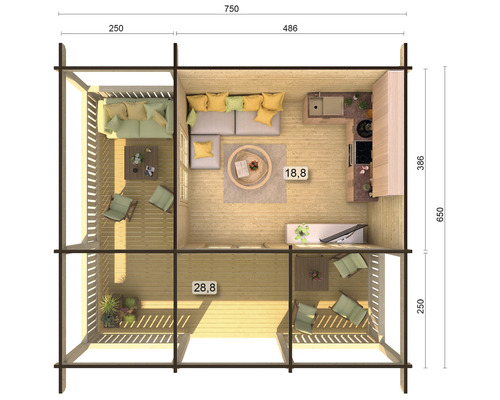 Plan d''un chalet de jardin avec coin salon, cuisine et terrasse.