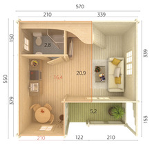 Plan d''un abri de jardin avec salon, salle de bain, cuisine et terrasse avec dimensions