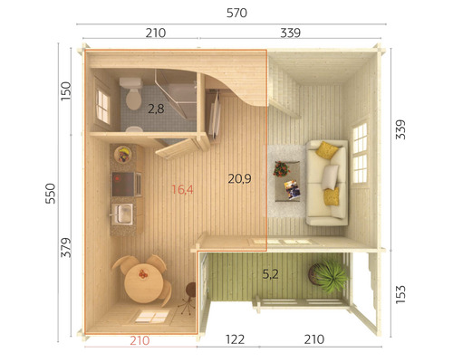 Grundriss eines Gartenhauses mit Wohnzimmer, Bad, Küche und Terrasse mit Maßangaben