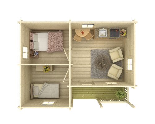 Plan d''une maison en bois avec chambres, salon, cuisine et terrasse