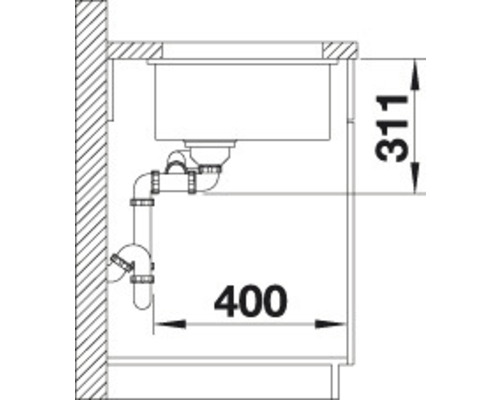 Dessin technique d''un évier avec siphon et indications de mesure