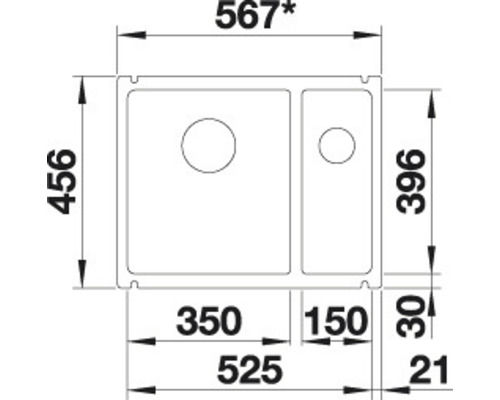 Schéma technique d''un évier mesurant 567 x 456 millimètres