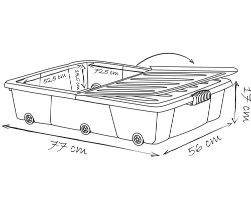 Abbildung einer Aufbewahrungsbox mit Deckel und Rollen mit Maßangaben