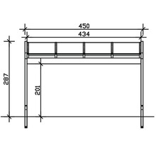 Dessin technique d''une étagère avec les dimensions 450, 434, 287 et 201.