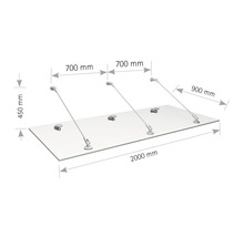 Masse einer Glasüberdachung mit Halterungen, 2000 Millimeter breit, 900 Millimeter tief, 450 Millimeter hoch
