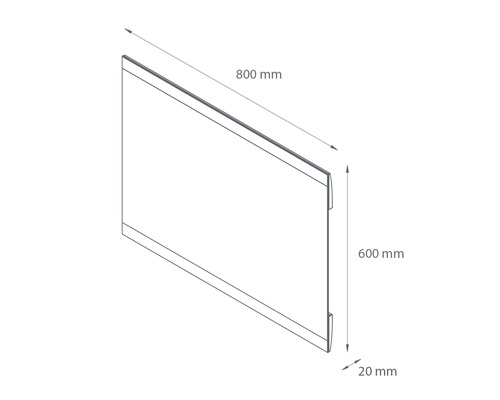 Technische Zeichnung einer Platte mit den Maßen 800 mm x 600 mm x 20 mm.