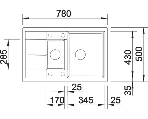 Dimensions d''un évier de cuisine avec égouttoir, représentées dans un dessin technique.