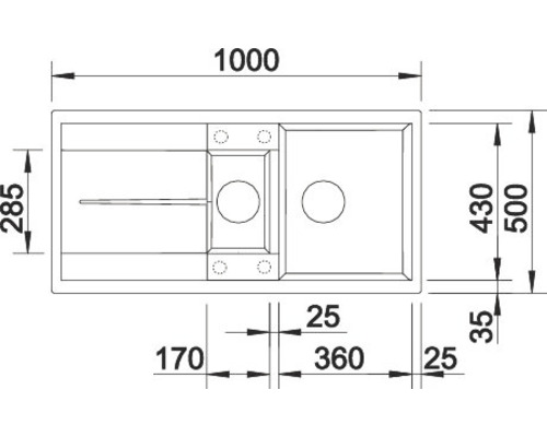 Technische Zeichnung einer Spüle mit Maßangaben.