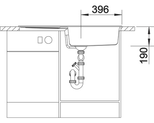 Dessin technique d''un évier avec les dimensions 396 x 190 mm